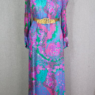 1960s 1970s - Kornhauser Silk Chiffon Floral Evening Gown - Mid Century Mod - Hostess Dress - Coral Reef - Hollywood Regency 