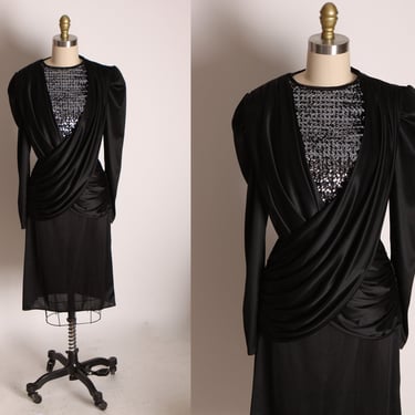 1980s Black Draped Sequin Bodice Long Sleeve Formal Cocktail Dress by Diamond’s Run -S 