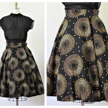 1950s Atomic FELT Skirt Vintage Black Polka Dot Circle Novelty print Brown FULL Circle Skirt Pinup Girl  // xs US 0 2 