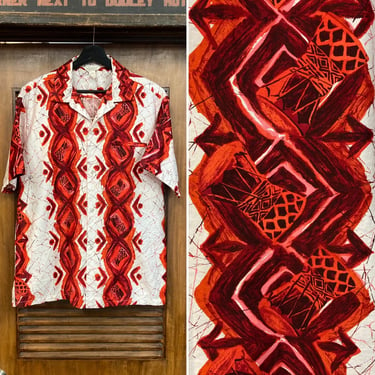 Vintage 1960’s Atomic Bongo Drum Tiki Pop Art Loop Collar Mod Cotton Hawaiian Rockabilly Shirt, 60’s Vintage Clothing 