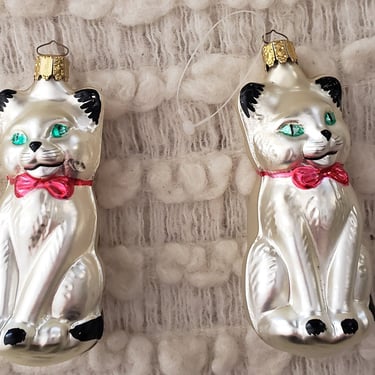 Vintage 60s Glass Cat Christmas Ornaments / Lot of 2 