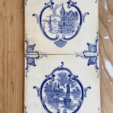 Beautiful rare find set of 2 vintage French stoneware tiles 