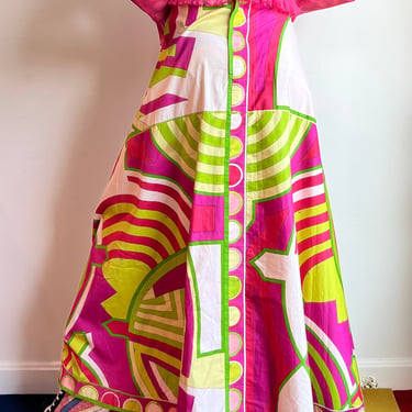 70’s Emilio Pucci Lord and Taylor Psychedelic Kaleidoscope Print Bright Green Pink Polished Cotton Maxi Skirt