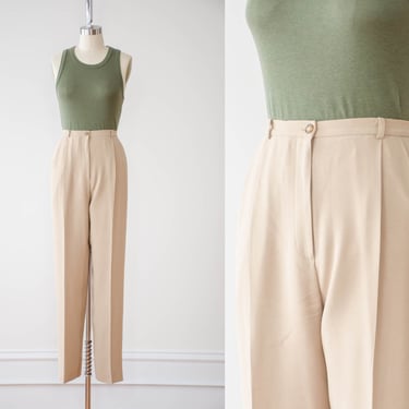 high waisted pants | 90s vintage Liz Claiborne beige tan wool style dark academia pleated trousers 