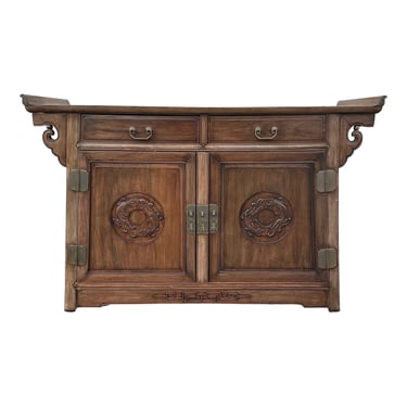 Vintage Chinoiserie Buffet Server with Pagoda Table Top Made of Solid Wood with Asian Style Carvings - Oriental Accent Sideboard Cabinet 