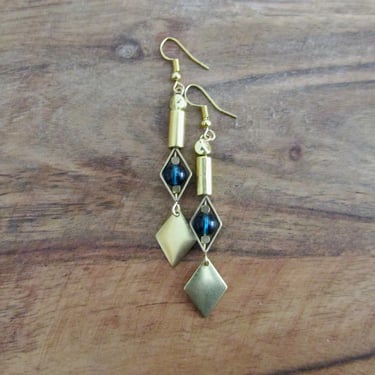 Brass and blue geometric earrings 