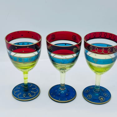 Set of 3- Three Pier 1 Imports blown party cordials- Multi Colored- 2 ounce 