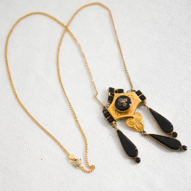 Vintage Black Glass and Gold Pendant and 14K Gold Chain 