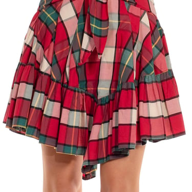 1980S VALENTINO OLIVER Red, Green & White Cotton Checked Layered Skirt 