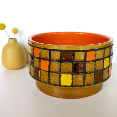 Aldo Londi For Bitossi Large 8" Planter Pot From Italy, Mid Century Modern Checkered Orange and Yellow Bowl By Rosenthal Netter 