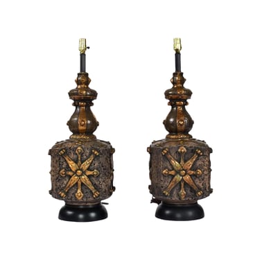 Mid Century Baroque Bronze Color Brown Gold and Black Brutalist Lamps 