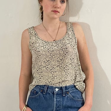 90s silk tank camisole / vintage beige + black floral doily lace silk crepe sleeveless pullover scoop neck blouse camisole tank | Small 