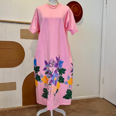 Ann Labay Vintage 90s USA Pink Hand Painted Cotton Short Sleeve Midi Dress 