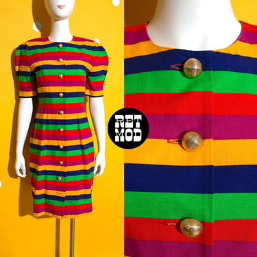 Bright Vintage 80s 90s Colorful Stripe Mid-Length Cotton Day Dress 