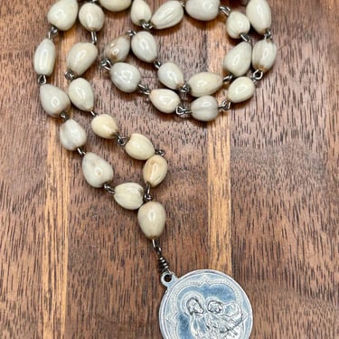 Vintage Shell Prayer Beads Religious Medallion Jesus Have Mercy On Us France 