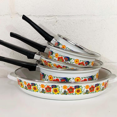 Vintage Flower Power Enamel Cookware Set Casserole Servers Roast Pan Floral Flowers Set of 5 Kitchen Cookware Retro Cute Kawaii 1970s 1960s 