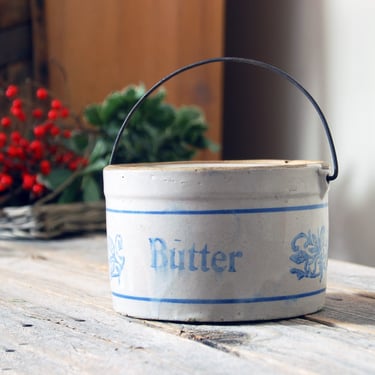 Stoneware butter crock / antique butter crock / Blue Onion crock / rustic farmhouse decor / white farmhouse / blue and white vintage crock 