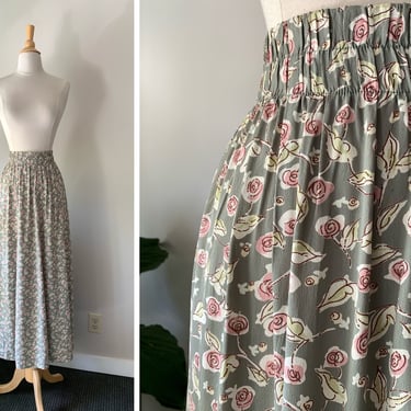 Vintage 1990s Pastel Sage Green and Pink Quirky Doodle Rose Rayon Skirt| Size Medium 