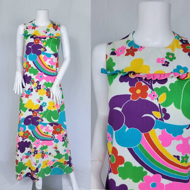 Pyschedelic 1960's Rainbow Floral Print Long Cotton Hawaiian Dress I Sz Med I Made in Hawaii I Muumuu 