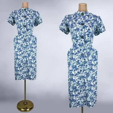 VINTAGE 50s Blueberry Novelty Print Pencil Dress 41" Bust | 1950s MCM Atomic Cotton Wiggle Dress | VFG 