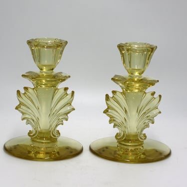 vintage depression yellow glass candle holders 