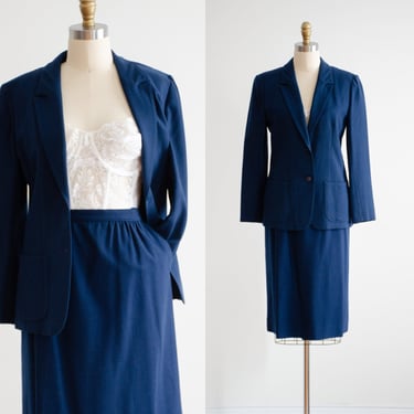 blue wool suit 70s 80s vintage Pendleton navy blue pencil skirt suit 