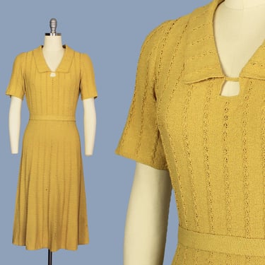 1940s Dress /  40s Knit Dress / Yellow Short Sleeve Sweater Dress 