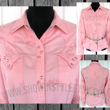 Vintage Western Women's Cowgirl Shirt by Stetson, Rodeo Queen Blouse, Pastel Pink with Embroidery, BLEMISHED, Tag Size Med (see meas. photo) 