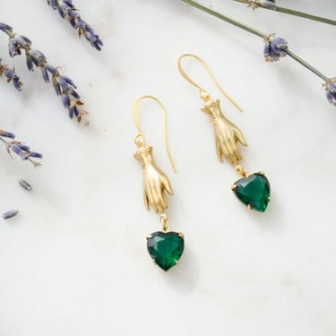 gold Victorian hand earrings, vintage brass crystal green heart earrings, gothic crystal drop earrings, dark academia handmade jewelry 