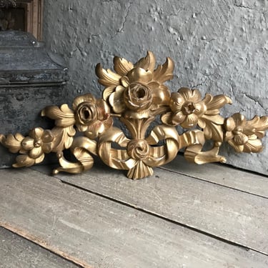 French Gilded Gesso Pediment, Hand Carved Wood Floral Rose Design, Wall Furniture Mount, Chateau Decor 