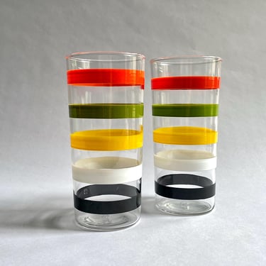 2 Large, Vintage Tumblers, Fiesta Bands Drinking Glasses by Anchor Hocking - Mid Century Glassware, Orange Green Yellow White Black Stripe 