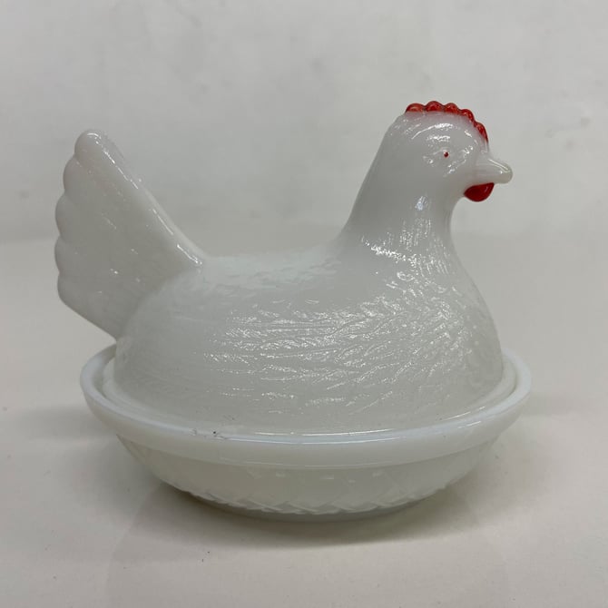 Vintage White Milk Glass Cute Mini Chicken Hen on Nest Dish Red Comb 