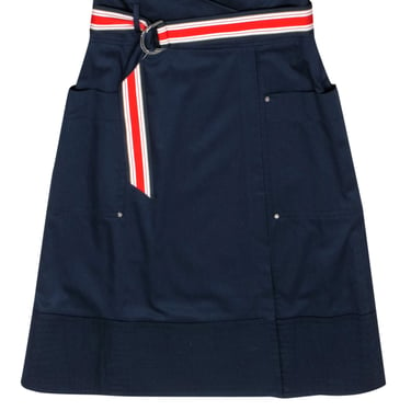 Karen Millen - Navy A-Line Belted High-Waist Midi Skirt w/ Slit Sz 8