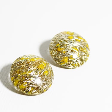 Vintage Earrings Confetti Lucite Silver Yellow Tinsel Clip on Button 