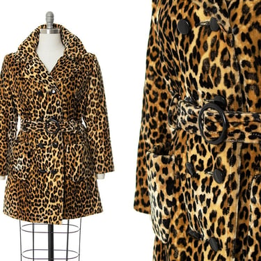 Vintage 1970s Coat | 70s Leopard Print Faux Fur Animal Print Belted Winter Pea Coat Overcoat (medium) 