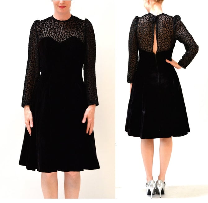 Vintage Black Velvet Dress Size Medium Large with Crinoline Skirt  // 90s Black Illusion Dress// 80s 90s Party Dress Velvet Holiday Dress 
