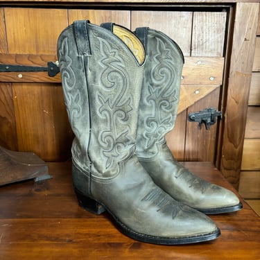 Vintage Cowboy Boots | Justin Boots | Distressed Grey Leather | Mens 10 D | Pointed Toe | 1990s | Western Boots |  Grey & Black Stitching 