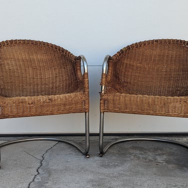Vintage Modern Rare Harvey Probber / Mies Van Der Rohe Style Wicker and Chrome Chairs - Set of 2 