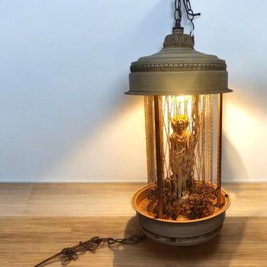 1970s Vintage Rain Swag Lamp, 3 Greek Goddess Statue, Mid Century Modern MCM, 30" Oil Drip Hanging Motion Light, Chain Link, Retro Lighting 