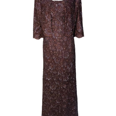 Mingolini Guggenheim 1950's Italian Couture Brown Solid Beaded and Embroidered Gown + Jacket