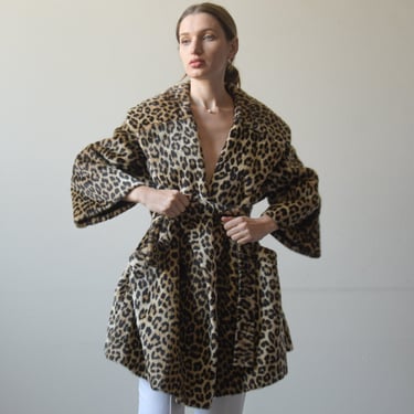 3268o / 1960s leopard print faux fur belted swing coat 