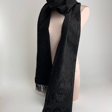 1890's-1900's Jacquard Woven Scarf - Victorian/Edwardian - Black on Black - Extremely long @ 92 Inches plus Fringe 