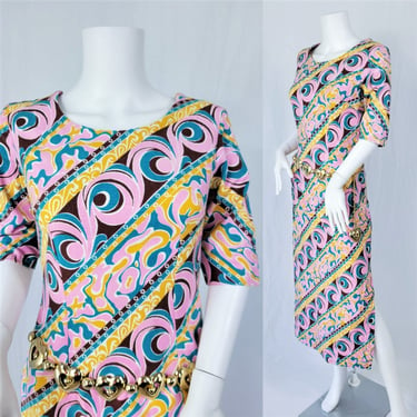 1960's Pink Psychedelic Swirl Print Barkcloth Long Maxi Dress I Sz Med 