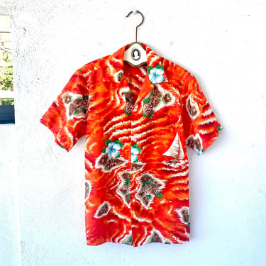 Vintage 70s Hawaiian Pineapple Aloha Shirt Hawaii Island Waves Orange Collared Shirt 