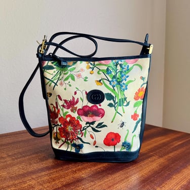 Vintage Gucci Flora Navy Blue Leather Trim Handbag Purse Shoulder Bag, 1980s 