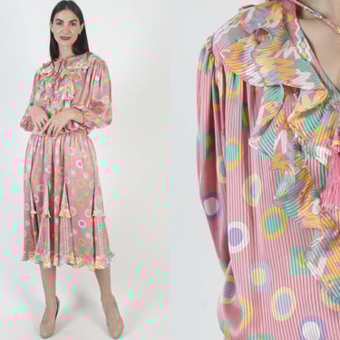 80s Mosaic Brand Dress, Rainbow Polka Dot Print, Georgette Style Evening Party / Tassel Tie Neckline 