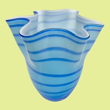 Vintage Handkerchief Vase Retro 1990s Contemporary + Hand Blown + Art Glass + 2-Tone + Blue Stripes + Organic Shape + Home Decor/Decoration 