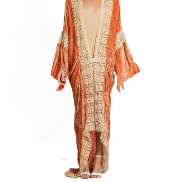 1920S Golden Orange & Beige Silk Burnout Velvet Lace Trimmed Robe 