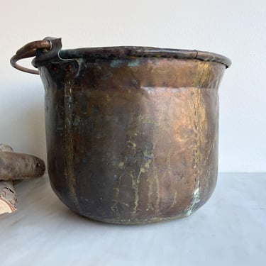 Antique Copper Bucket Copper Pot Copper Cauldron Kettle Heavy Iron Handle Vintage Rustic Decor Sesonal Patina Verdigris French Country Style 