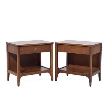 Broyhill Brasilia Mid Century Walnut and Brass Nightstands - Pair - mcm 